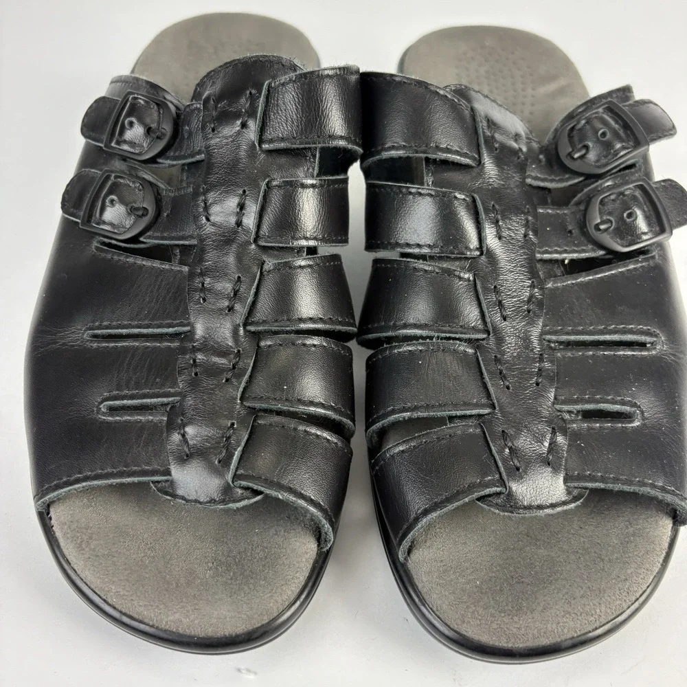 SAS Tripod Comfort Black Leather Slip On Sandals Size 6.5 W